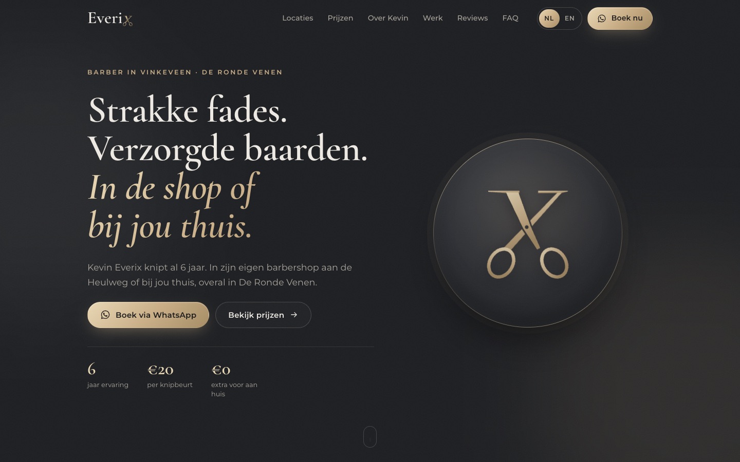 Website van Everix Barber, homepage: strakke fades, verzorgde baarden