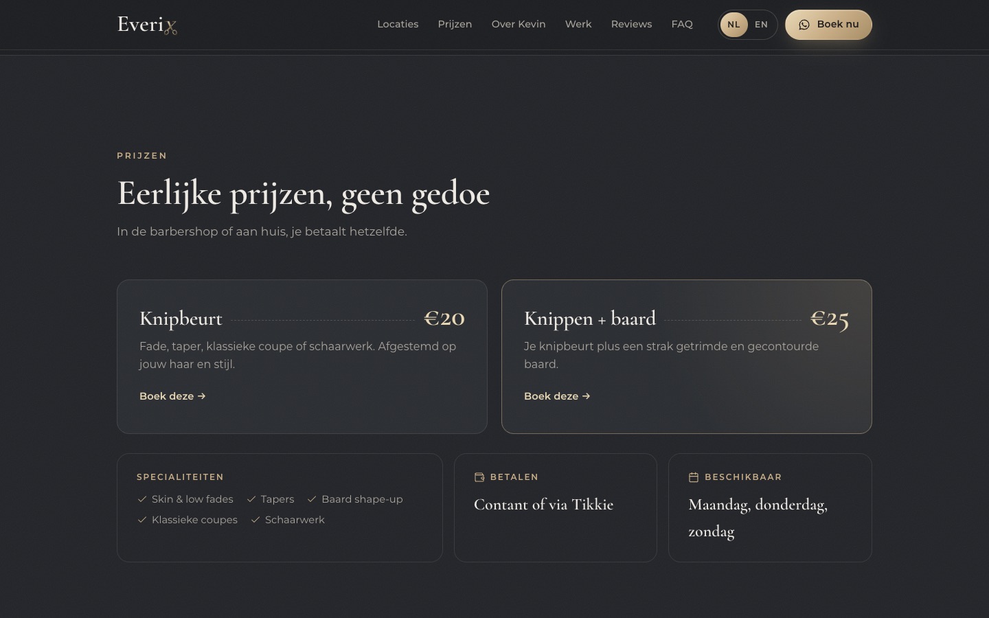 Website van Everix Barber: overzicht van prijzen en specialiteiten