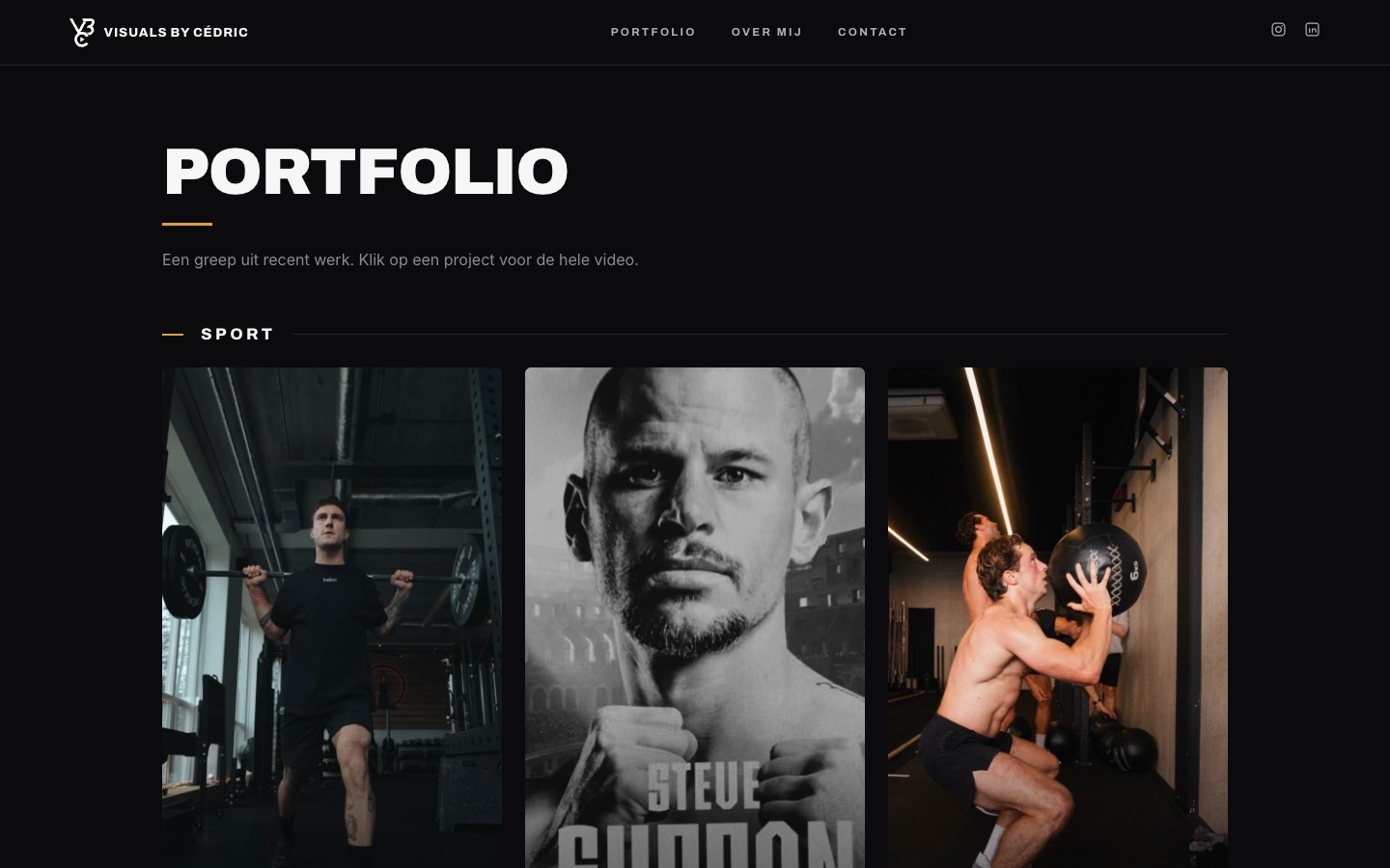 Website van Visuals by Cédric: portfolio-overzicht met sportvideo's